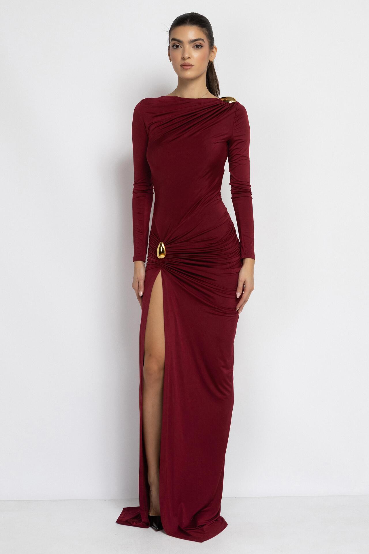 black dress gold buttons long sleeve Miss Circle Women Zenaida Burgundy Cutout High Slit Velvet Gown main image 0