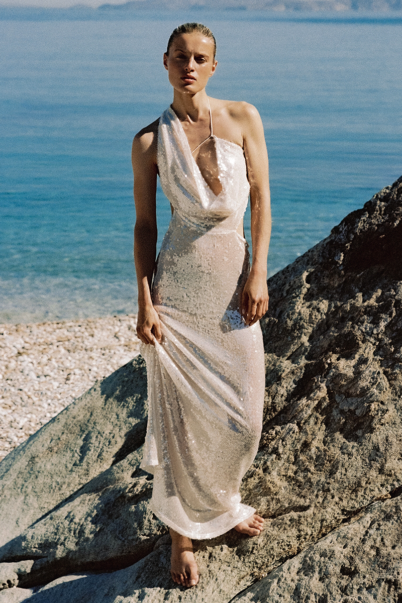 ISELIN Dress Sequins Cream Asymmetric Maxi