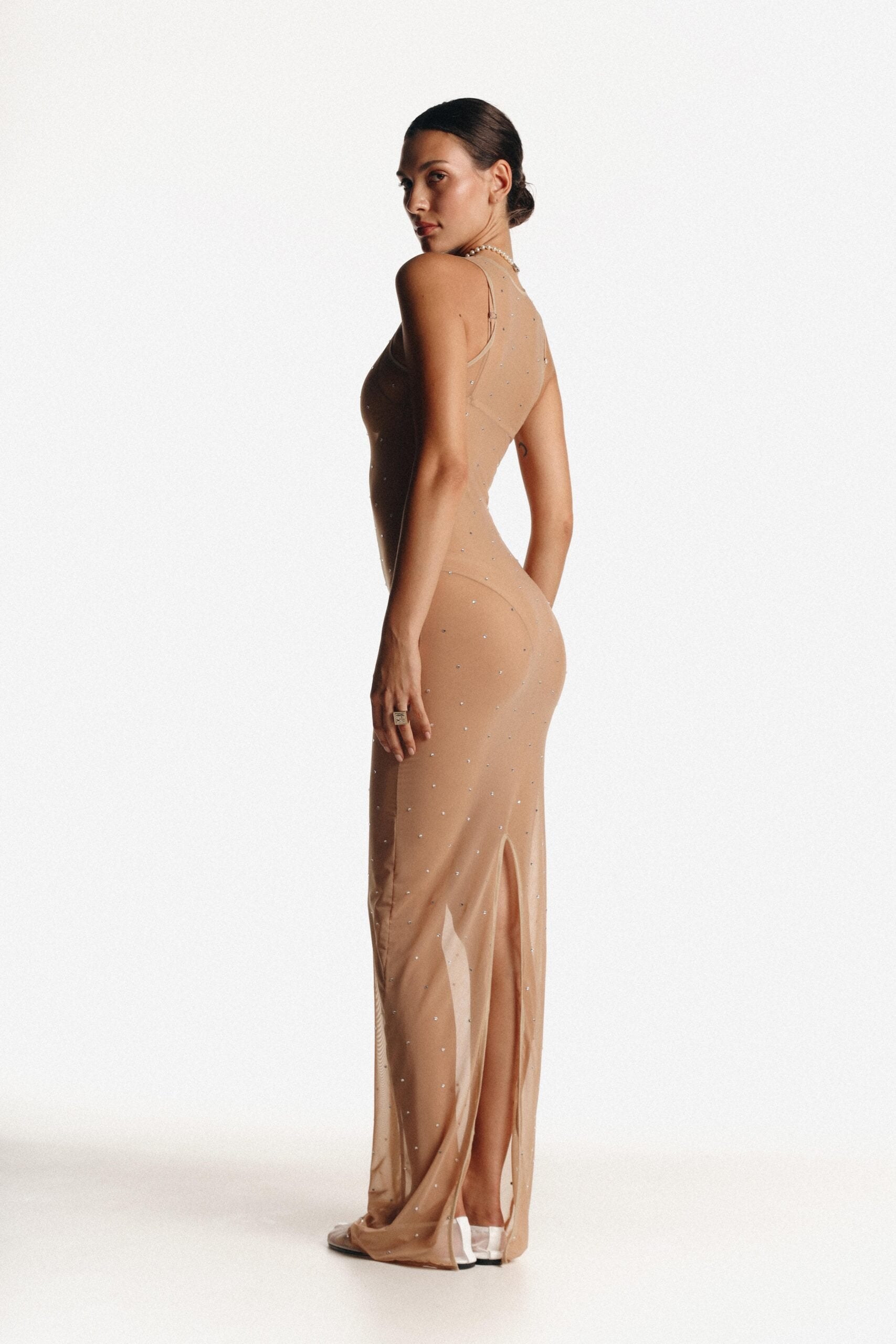 Long Mesh Dress Beige