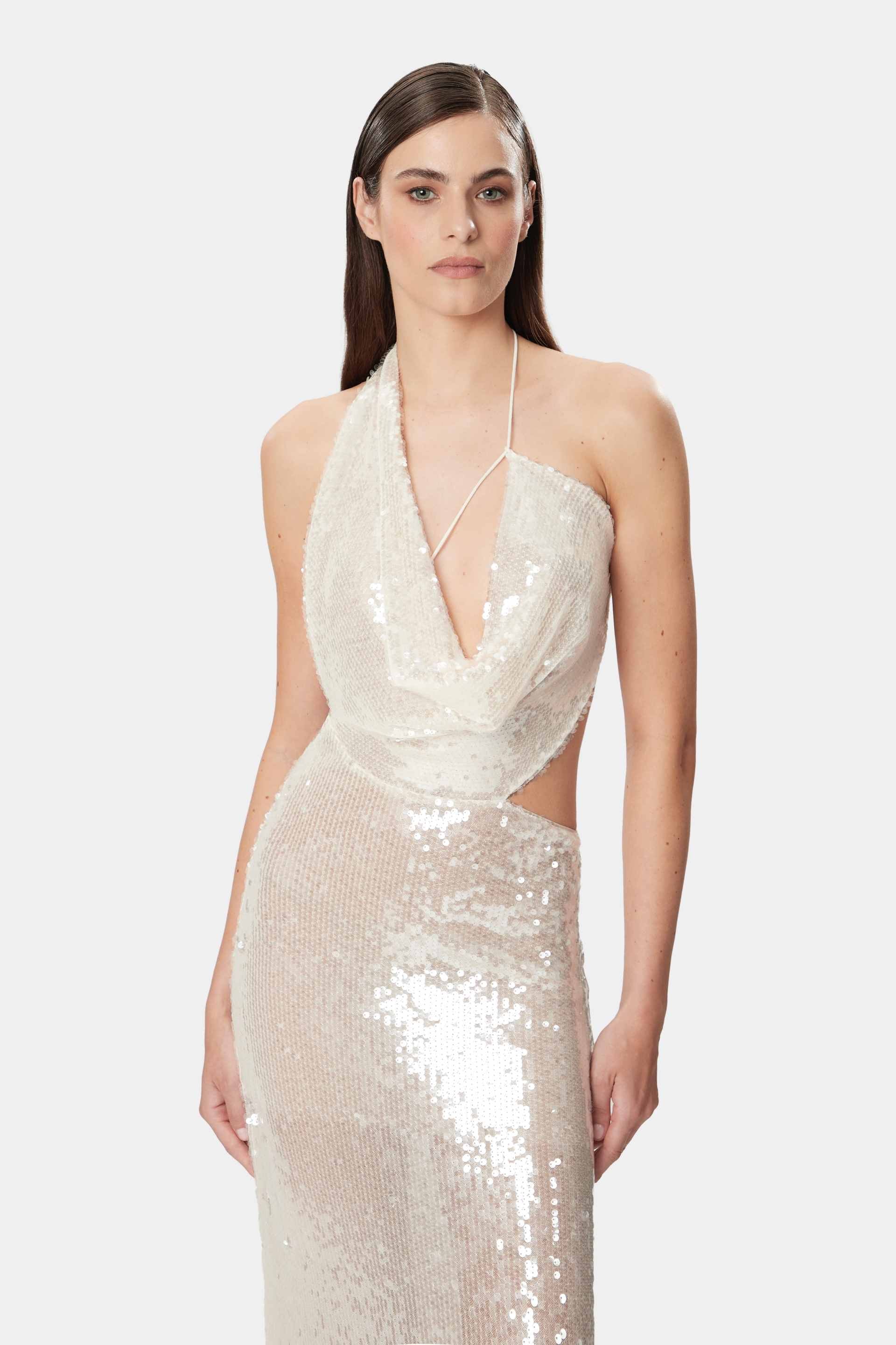 ISELIN Dress Sequins Cream Asymmetric Maxi