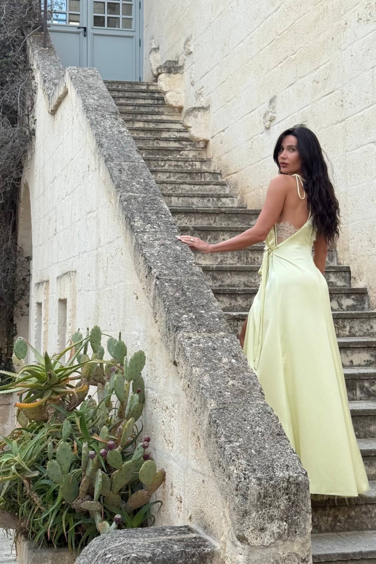 Light-Yellow Lace Satin long Dress M