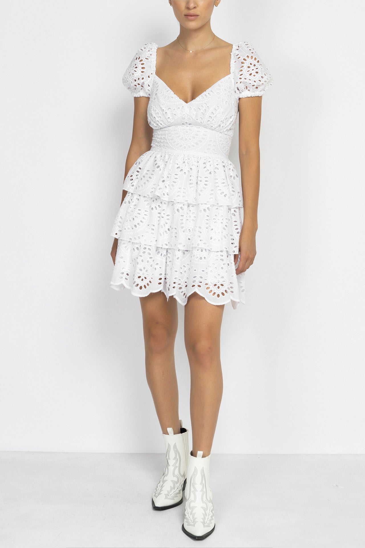 Short Dress Made of English Embroidery With Ruffles in White