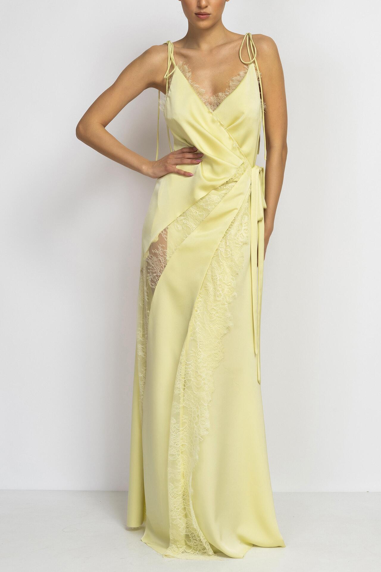 Light-Yellow Lace Satin long Dress