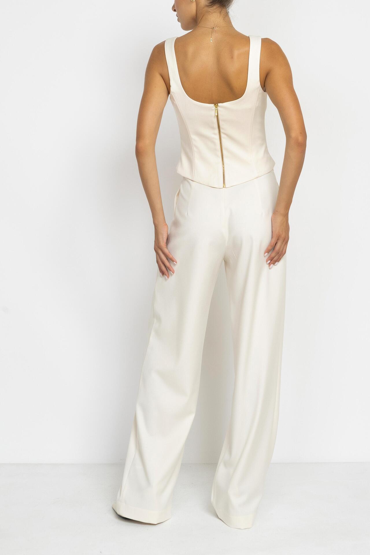 White Straight Leg Back Slit Trousers In White