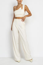 White Straight Leg Back Slit Trousers In White