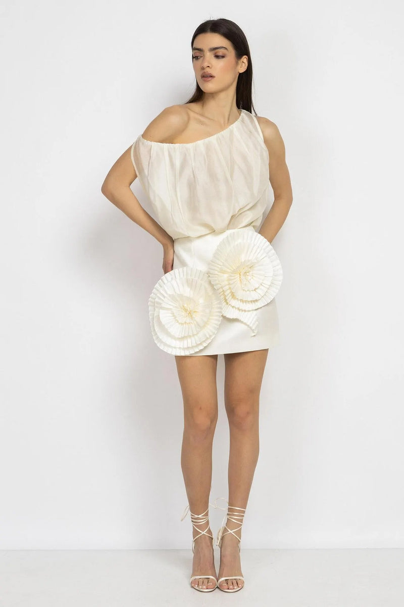 Mini Skirt With Flowers in Ecru