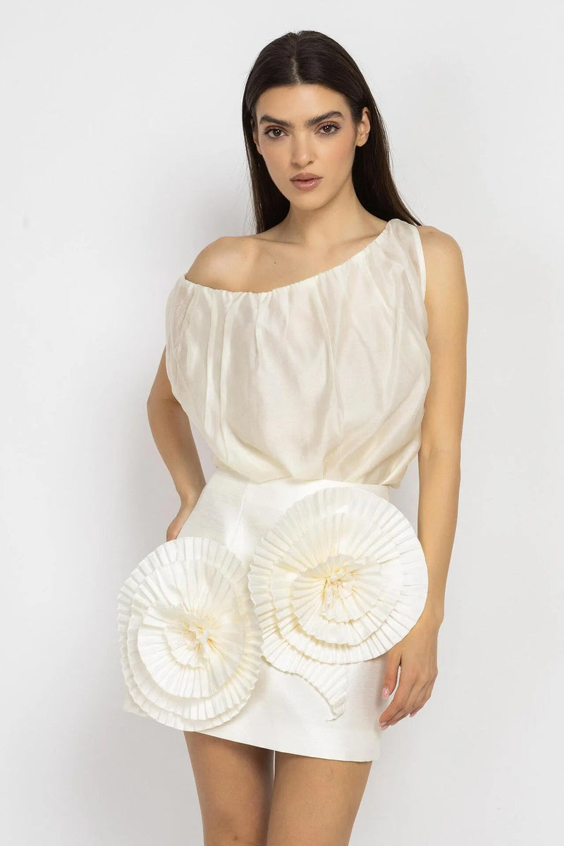 Mini Skirt With Flowers in Ecru