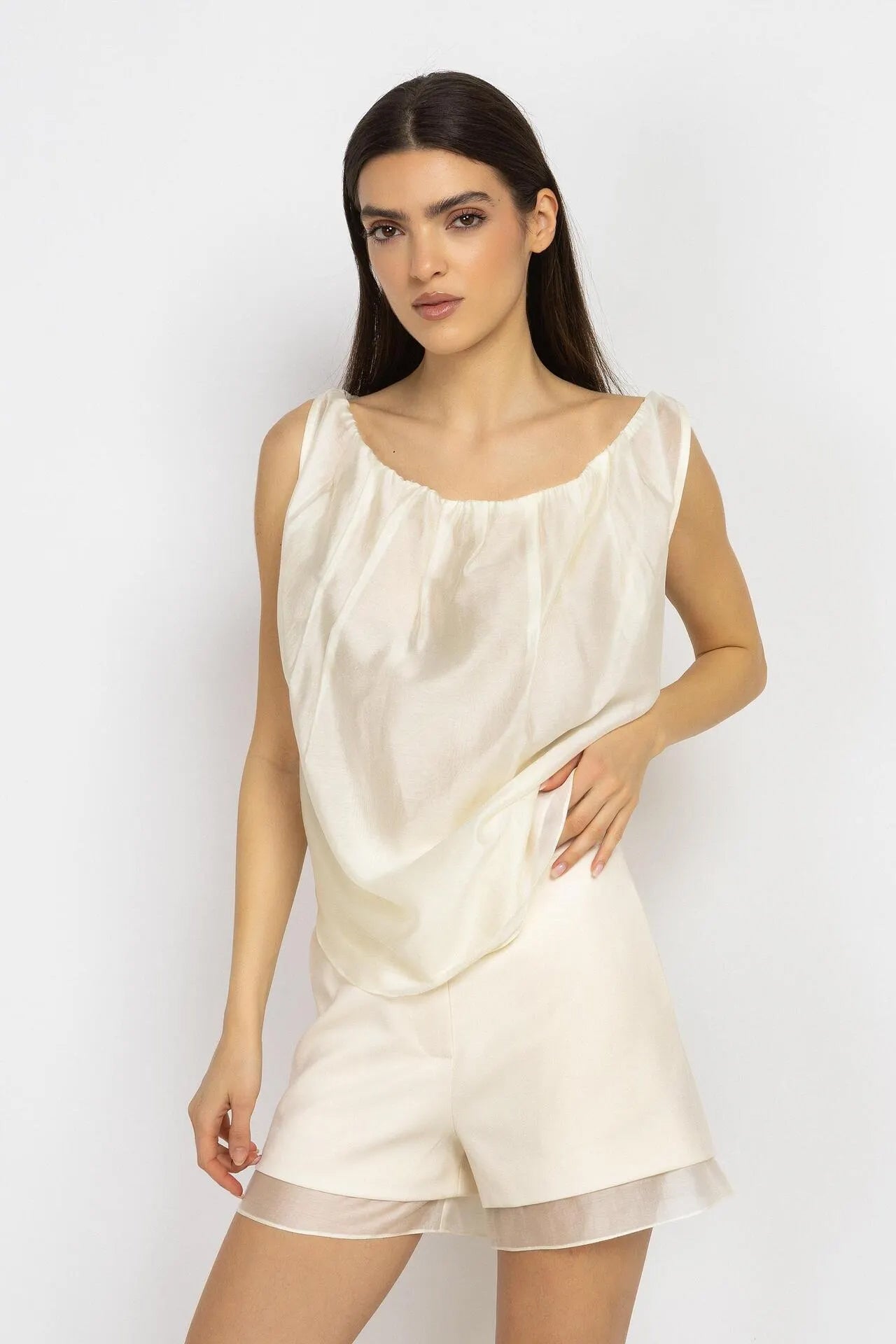 Ecru Ruffled Off-The-Shoulder Top