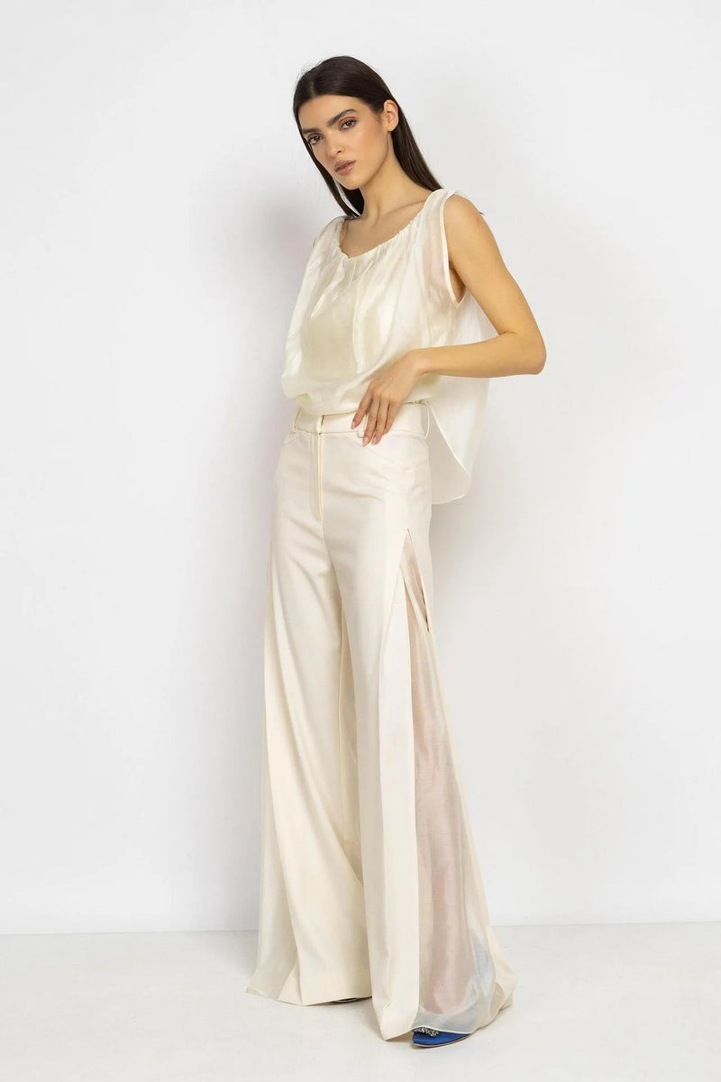 Long Trousers With Transparent Panel in Ecru